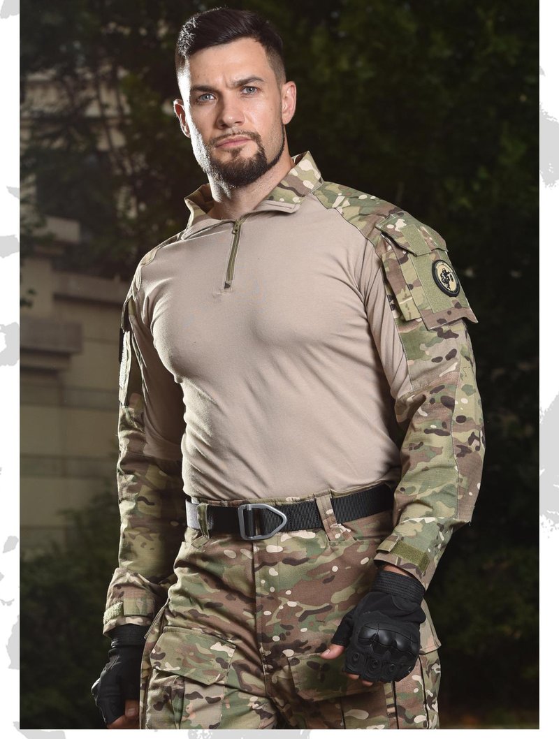 Model wearing G3 frog-suit combat uniform in CP camouflage