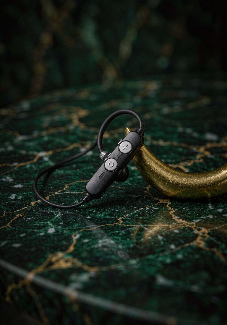 Communication earpiece still life in dark green and gold